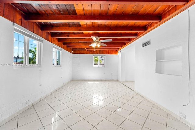 spare room featuring visible vents, wooden ceiling, light tile patterned flooring, beam ceiling, and ceiling fan