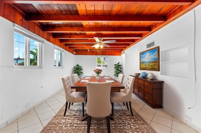 dining area featuring beamed ceiling, visible vents, wooden ceiling, and ceiling fan