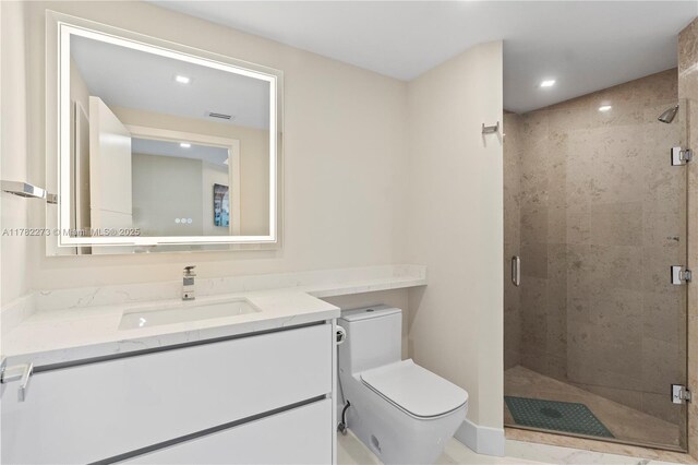 4779 Collins Ave Unit 1205, Miami Beach, FL 33140 - bathroom featuring toilet, a shower stall, vanity, and recessed lighting