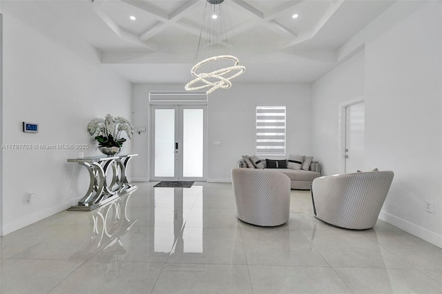 tiled dining area featuring recessed lighting, beam ceiling, coffered ceiling, a notable chandelier, and baseboards