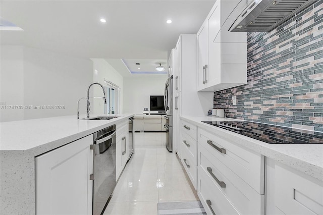 kitchen featuring stainless steel dishwasher, exhaust hood, a sink, black electric stovetop, and backsplash