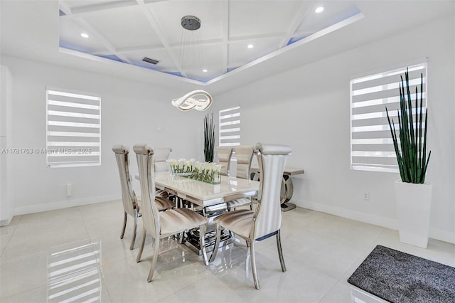 dining room featuring light tile patterned floors, visible vents, recessed lighting, coffered ceiling, and baseboards