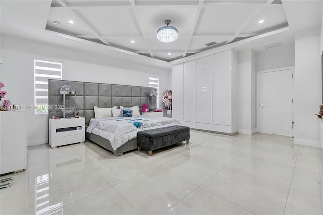 bedroom featuring recessed lighting, visible vents, and coffered ceiling