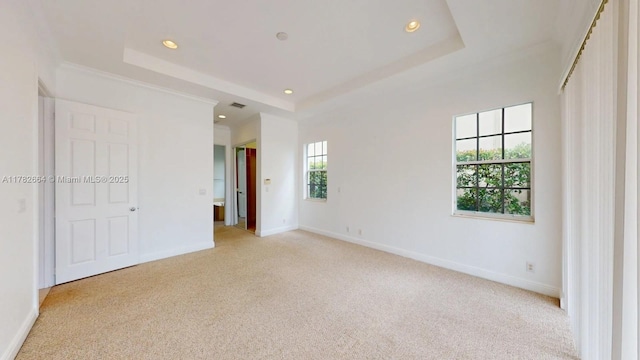 4713 Village Way, Davie, FL 33314 - unfurnished bedroom with a raised ceiling, light colored carpet, recessed lighting, baseboards, and ensuite bath