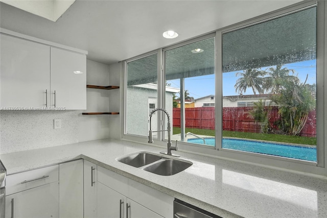 7320 Biltmore Blvd, Miramar, FL 33023 - kitchen featuring open shelves, a sink, white cabinets, and light countertops