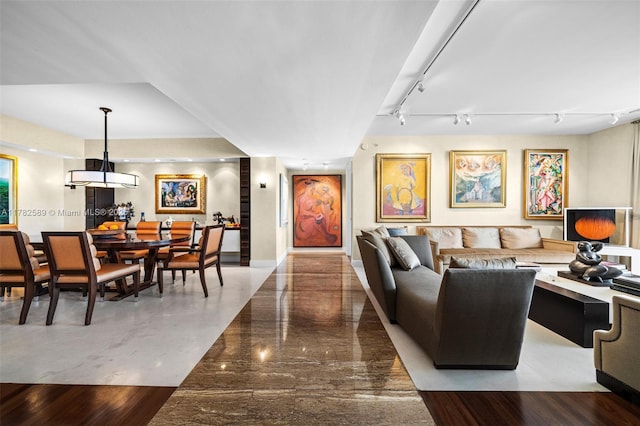 living area featuring track lighting