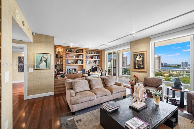 living room featuring a wealth of natural light, rail lighting, wood finished floors, and baseboards
