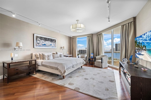 bedroom featuring access to outside, rail lighting, and wood finished floors