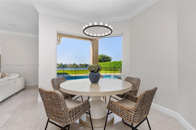 10972 Pine Lodge Trl, Davie, FL 33328 - dining area featuring crown molding, a wealth of natural light, an inviting chandelier, and light tile patterned flooring