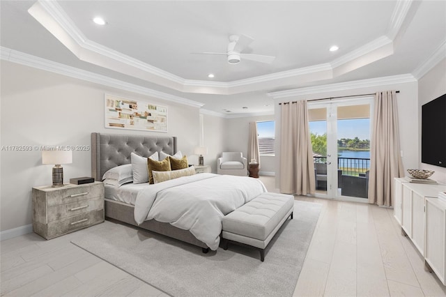 10972 Pine Lodge Trl, Davie, FL 33328 - bedroom featuring baseboards, a raised ceiling, ornamental molding, light wood finished floors, and access to exterior