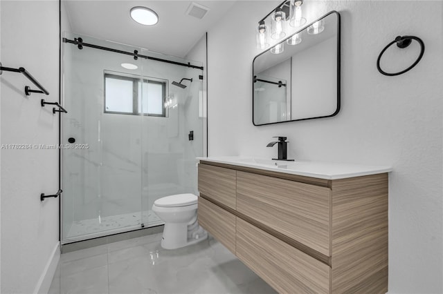 1000 NW 198th St, Miami Gardens, FL 33169 - full bathroom with vanity, a stall shower, toilet, visible vents, and marble finish floor