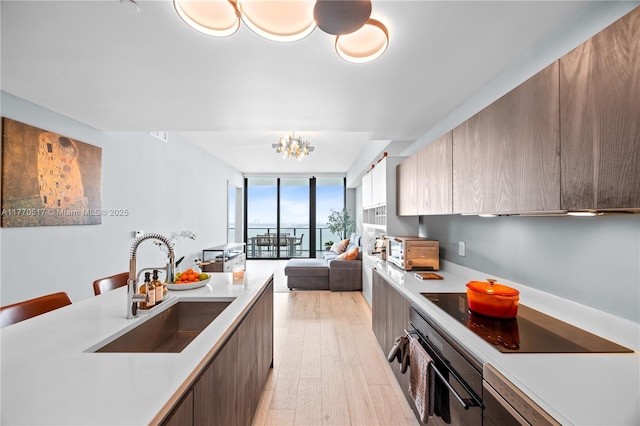 kitchen with modern cabinets, light countertops, floor to ceiling windows, and a sink