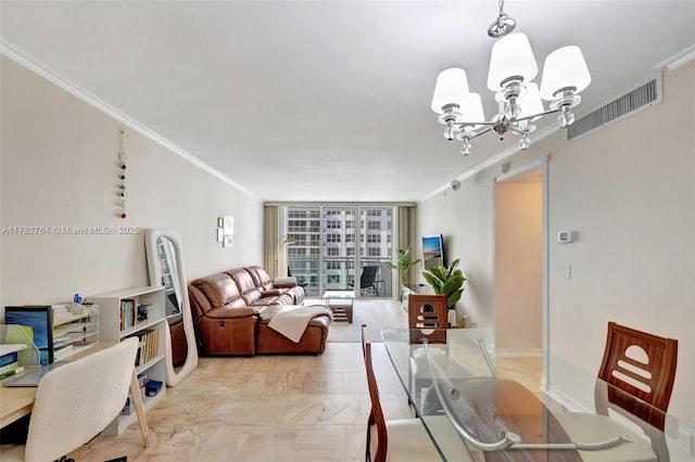 3001 S Ocean Dr Unit 1507, Hollywood, FL 33019 - dining room with an inviting chandelier, visible vents, crown molding, and expansive windows