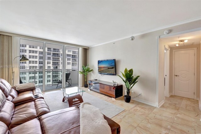 3001 S Ocean Dr Unit 1507, Hollywood, FL 33019 - living room featuring expansive windows, baseboards, crown molding, and marble finish floor