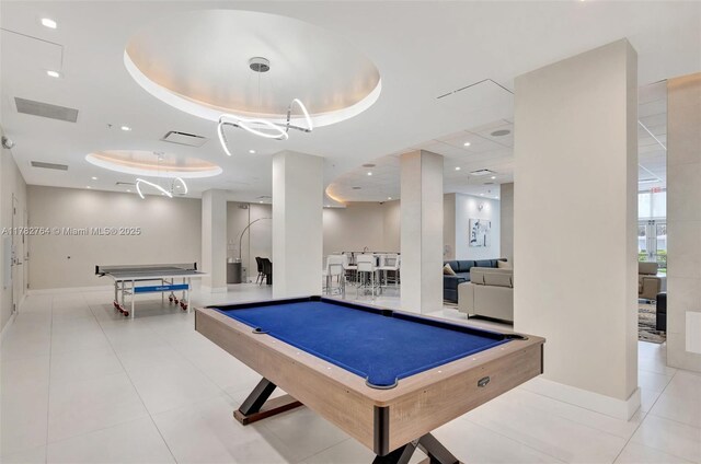3001 S Ocean Dr Unit 1507, Hollywood, FL 33019 - recreation room with a raised ceiling, pool table, tile patterned flooring, and baseboards