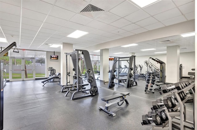 3001 S Ocean Dr Unit 1507, Hollywood, FL 33019 - workout area with visible vents, french doors, and a paneled ceiling