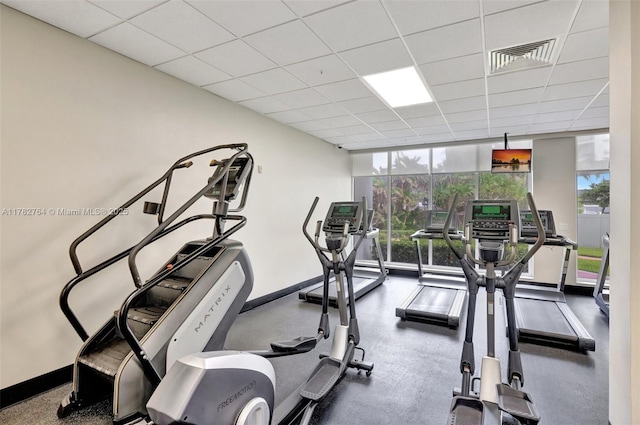 3001 S Ocean Dr Unit 1507, Hollywood, FL 33019 - exercise room with a paneled ceiling, visible vents, expansive windows, and baseboards