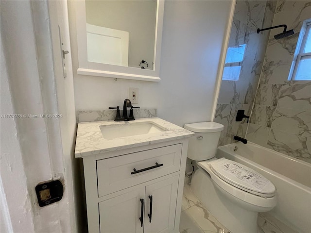 full bath featuring  shower combination, marble finish floor, vanity, and toilet