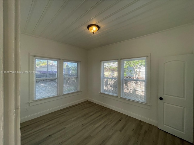 spare room featuring baseboards, wood finished floors, and plenty of natural light