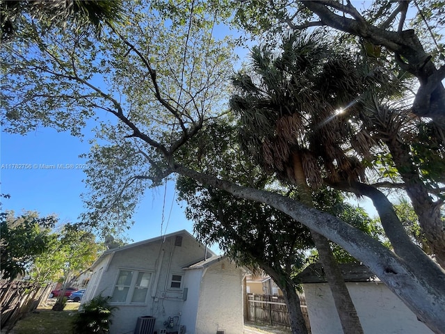 view of side of property with fence, central air condition unit, and stucco siding