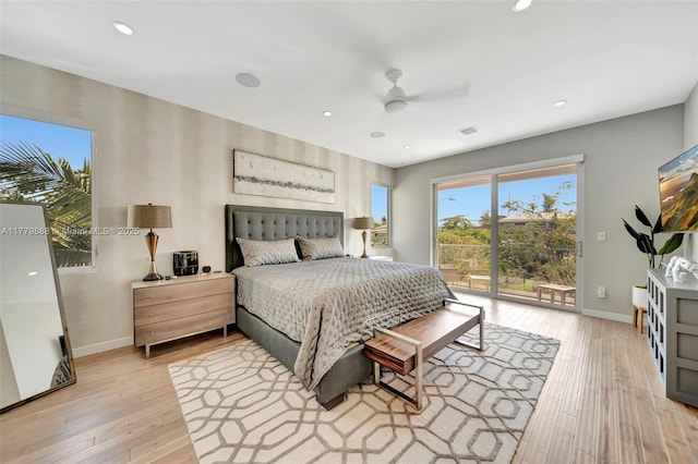 bedroom featuring light wood-style floors, access to outside, and baseboards