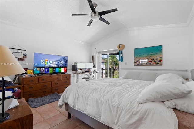 4471 SW 154th Ct, Miami, FL 33185 - tiled bedroom with access to exterior, ornamental molding, lofted ceiling, a textured ceiling, and ceiling fan