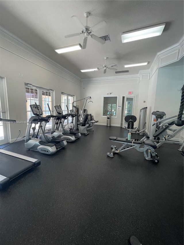 workout area with a ceiling fan, ornamental molding, and visible vents