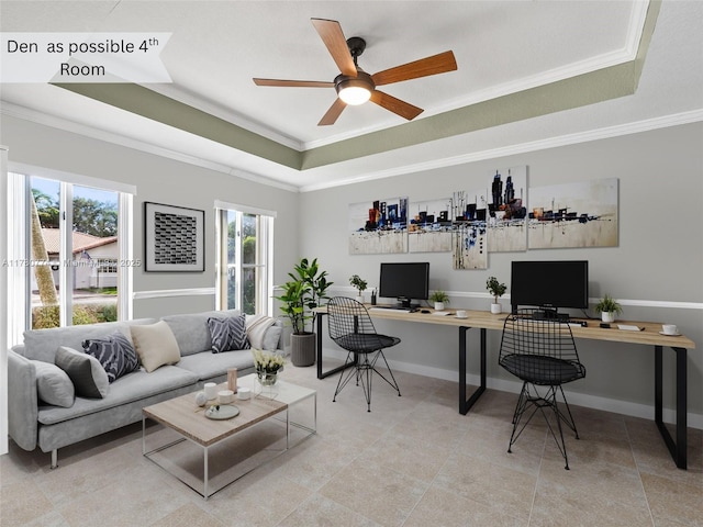 4173 NE 12th St, Homestead, FL 33033 - home office with a raised ceiling, a ceiling fan, ornamental molding, and baseboards