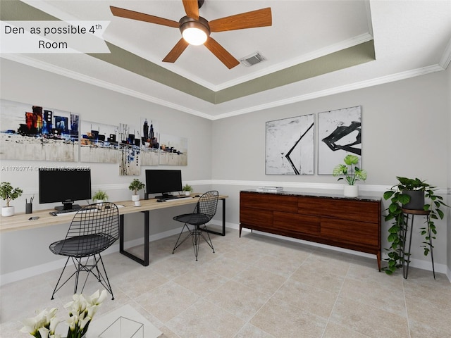 4173 NE 12th St, Homestead, FL 33033 - office featuring a raised ceiling, crown molding, a ceiling fan, and visible vents