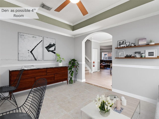 4173 NE 12th St, Homestead, FL 33033 - interior space with arched walkways, a ceiling fan, ornamental molding, visible vents, and light tile patterned flooring