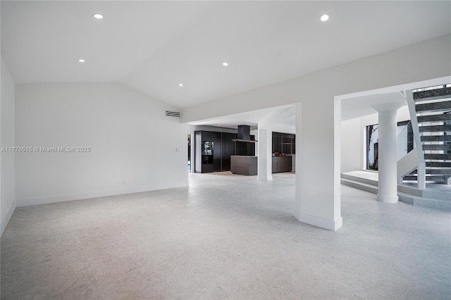 3321 NE 16th Pl, Fort Lauderdale, FL 33305 - unfurnished living room featuring stairway, vaulted ceiling, baseboards, and recessed lighting