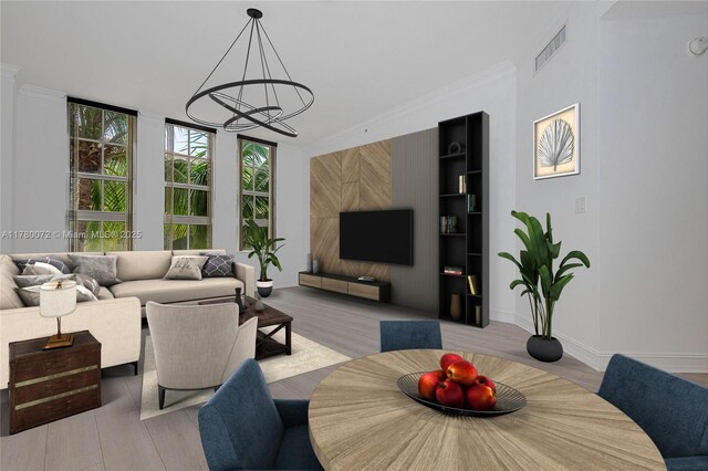 3001 NE 185th St Unit 336, Aventura, FL 33180 - living room with a chandelier, visible vents, crown molding, and wood finished floors