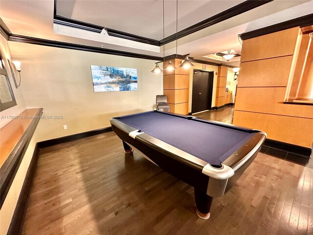 3001 NE 185th St Unit 336, Aventura, FL 33180 - rec room with pool table, baseboards, ornamental molding, a raised ceiling, and hardwood / wood-style flooring