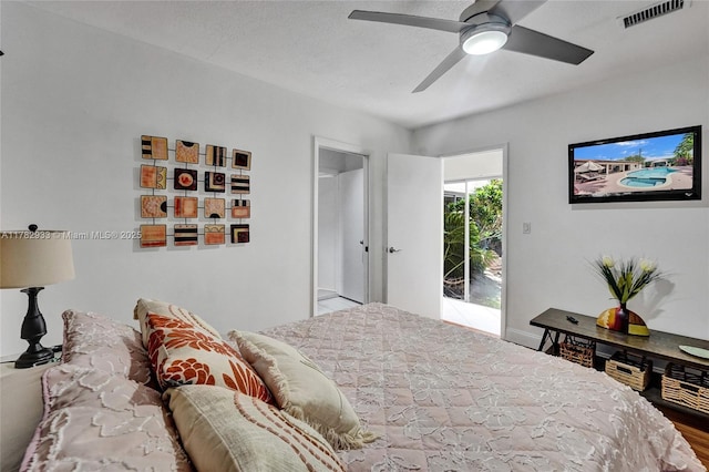 bedroom featuring visible vents, access to exterior, baseboards, and ceiling fan