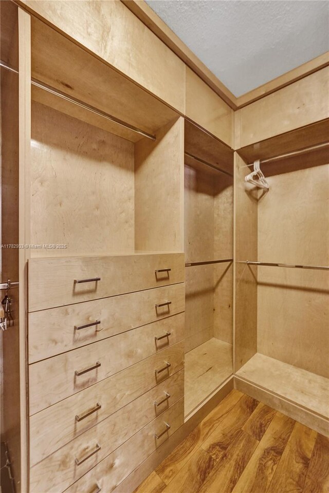 walk in closet with wood finished floors