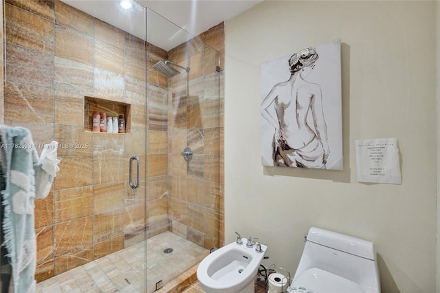 full bathroom with a bidet, toilet, and a stall shower