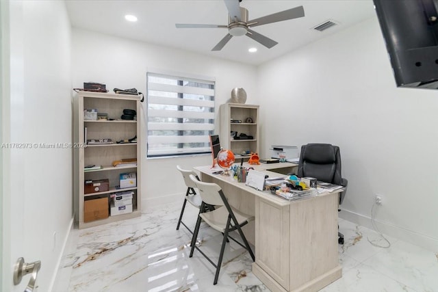 office area with ceiling fan, visible vents, recessed lighting, marble finish floor, and baseboards
