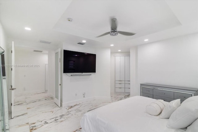bedroom featuring visible vents, baseboards, recessed lighting, and marble finish floor