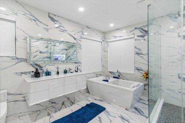 full bath featuring toilet, a soaking tub, recessed lighting, a marble finish shower, and marble finish floor