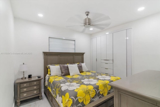 bedroom with recessed lighting and ceiling fan