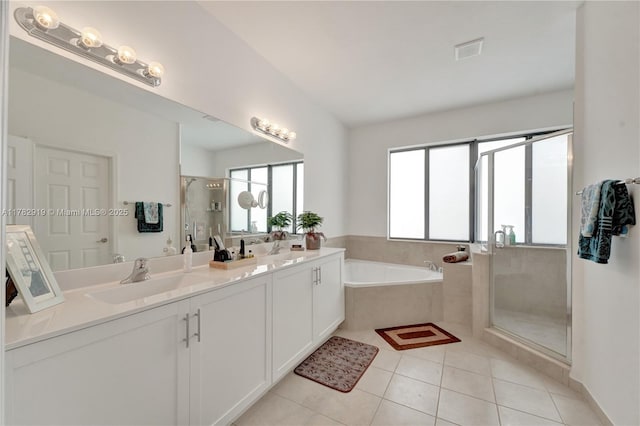20900 NE 2nd Ct, Miami, FL 33179 - full bathroom with a bath, visible vents, a sink, a stall shower, and double vanity