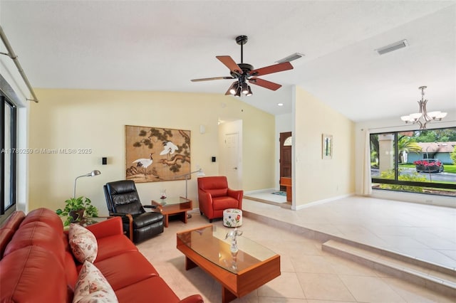 living room with baseboards, vaulted ceiling, light tile patterned floors, visible vents, and ceiling fan with notable chandelier