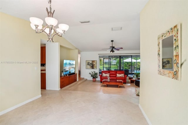 living room featuring baseboards, vaulted ceiling, light tile patterned flooring, visible vents, and ceiling fan with notable chandelier