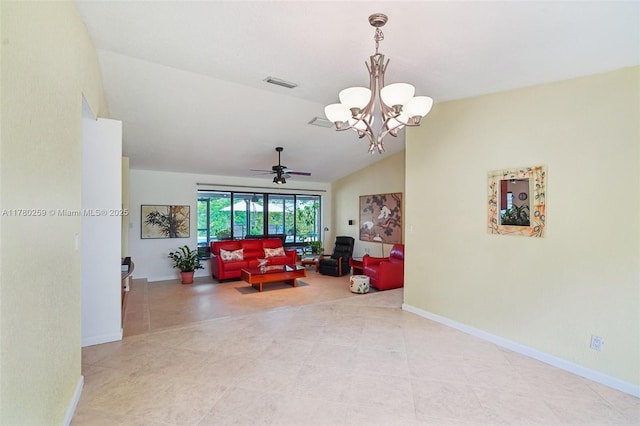 living room with baseboards, light tile patterned flooring, visible vents, lofted ceiling, and ceiling fan with notable chandelier