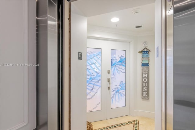 100 S Birch Rd Unit 1602C, Fort Lauderdale, FL 33316 - elevator with crown molding, french doors, and a smoke detector