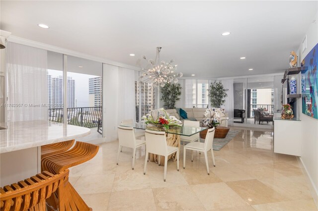 100 S Birch Rd Unit 1602C, Fort Lauderdale, FL 33316 - dining room featuring a chandelier, recessed lighting, crown molding, and expansive windows