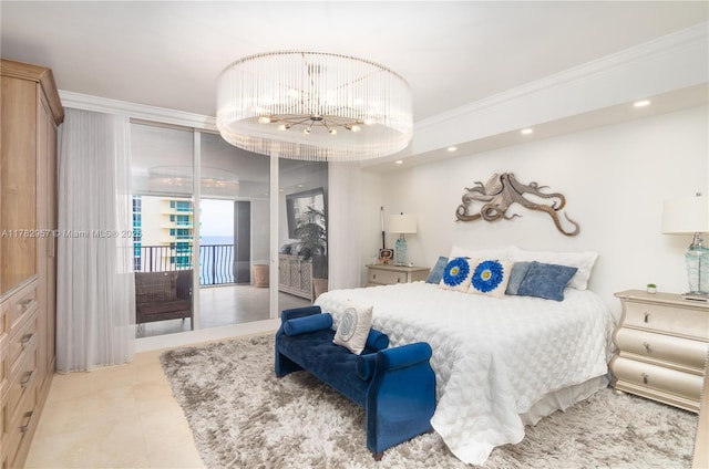 100 S Birch Rd Unit 1602C, Fort Lauderdale, FL 33316 - bedroom with crown molding, a chandelier, access to exterior, recessed lighting, and tile patterned flooring