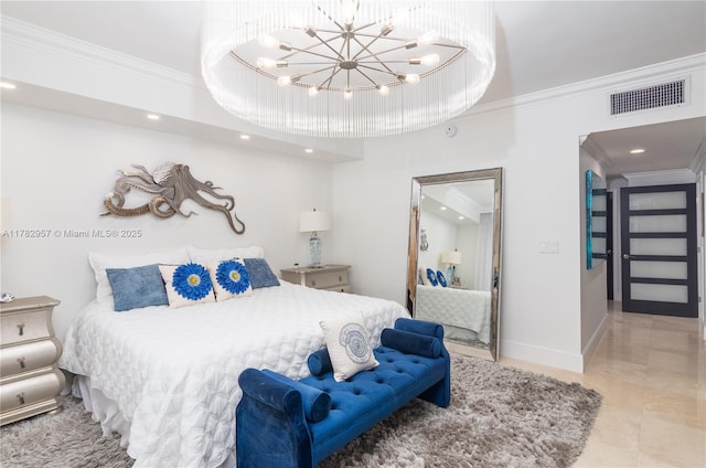 100 S Birch Rd Unit 1602C, Fort Lauderdale, FL 33316 - bedroom with ornamental molding, recessed lighting, a chandelier, and baseboards