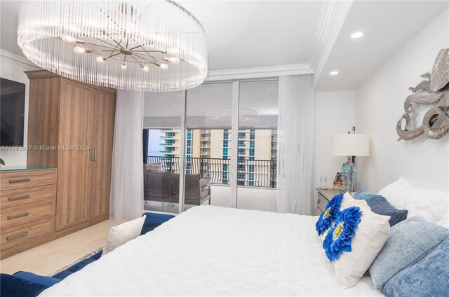100 S Birch Rd Unit 1602C, Fort Lauderdale, FL 33316 - bedroom with crown molding, access to exterior, recessed lighting, a chandelier, and carpet floors