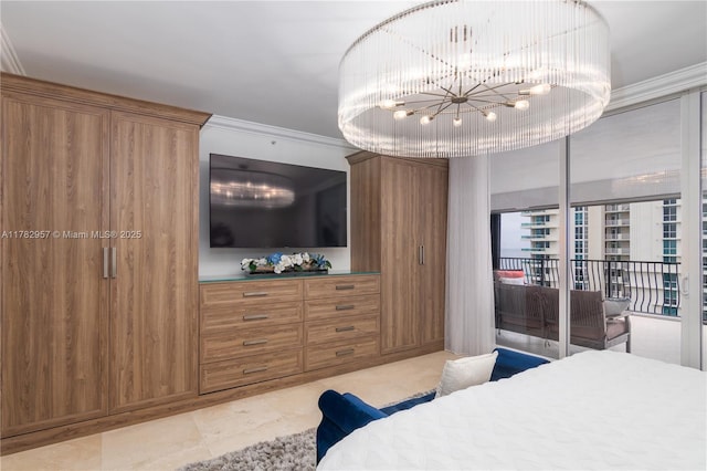 100 S Birch Rd Unit 1602C, Fort Lauderdale, FL 33316 - bedroom with access to outside, crown molding, a chandelier, and light tile patterned floors
